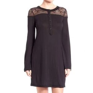 La Perla Sleep Shirt Dress Black Lace Trim Long Sleeve Henley Silk Blend Size M